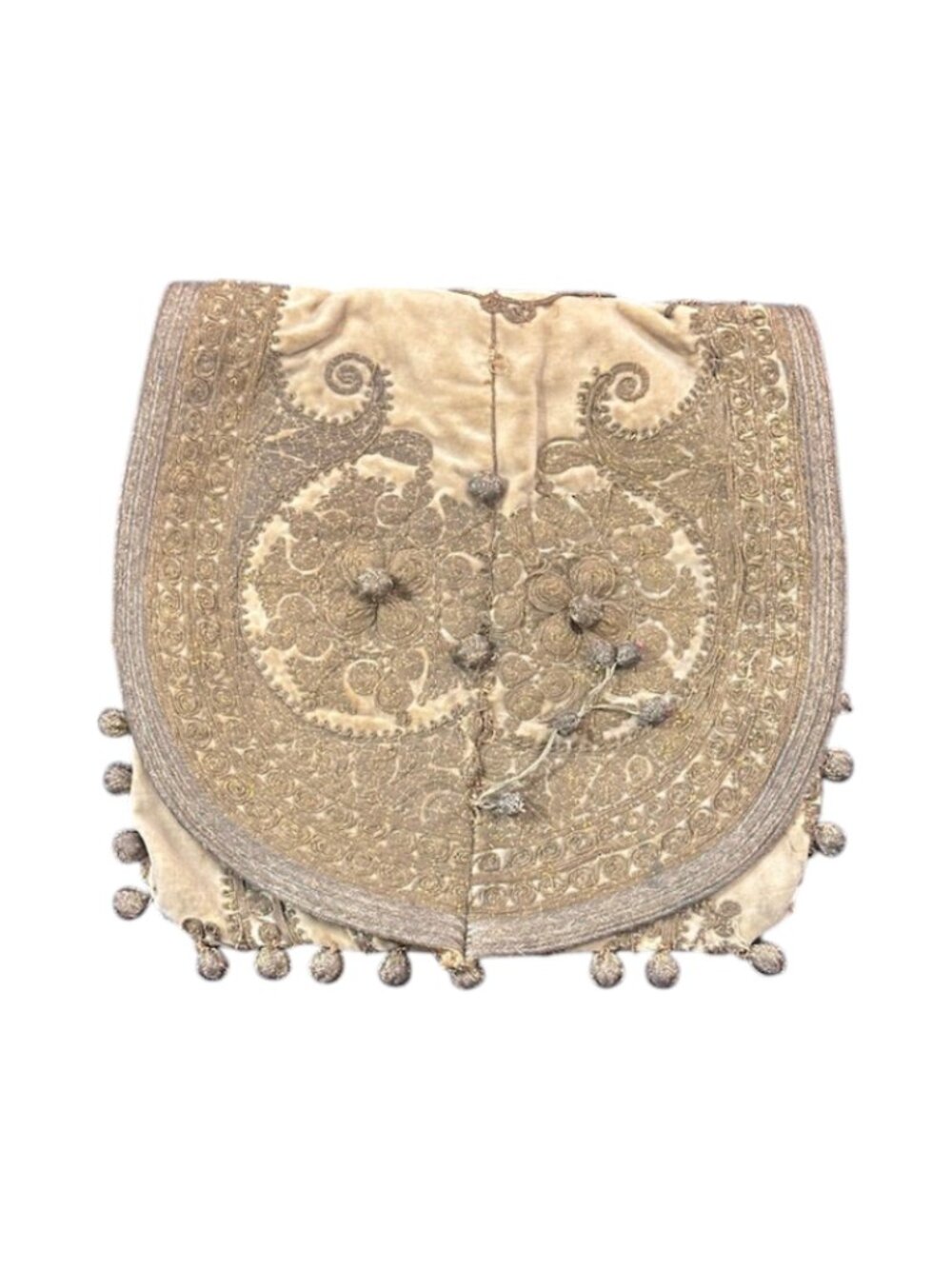 Antique Turkish Hand-Embroidered Envelope Clutch with Bullion Ball Tassels  (cir